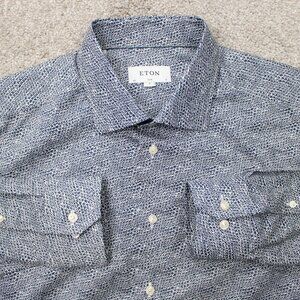 ETON Shirt Mens 17, 43 Blue Signature Twill 100% Cotton Long Sleeve Button Down